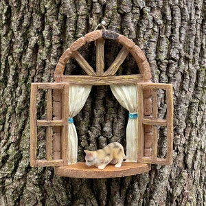 Miniature Window with Tabby Cat, Pouncing Cat, Fairy Garden Window, Window for Tree