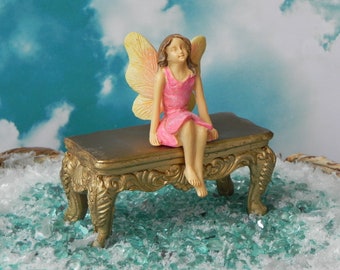 Fairy Garden Bench, Gold royal regal miniature accessory, pink sitting fairy figurine, accessories for fairy garden miniatures