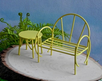 Fairy Garden Miniatures Bench, miniature table, metal painted Sunshine Yellow, fairy garden accessories