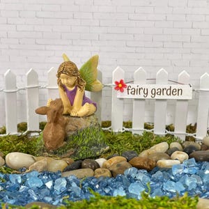 May include: A miniature fairy garden scene featuring a seated fairy in a purple dress with a brown bunny. The fairy sits on a moss-covered rock, with a white picket fence and a sign that reads "fairy garden". The scene includes decorative stones and blue glass.