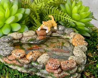 Fairy Garden Koi Pond miniature with artificial water, cat kitty, fairy garden accessories, miniature fish, mini garden supply, miniatures