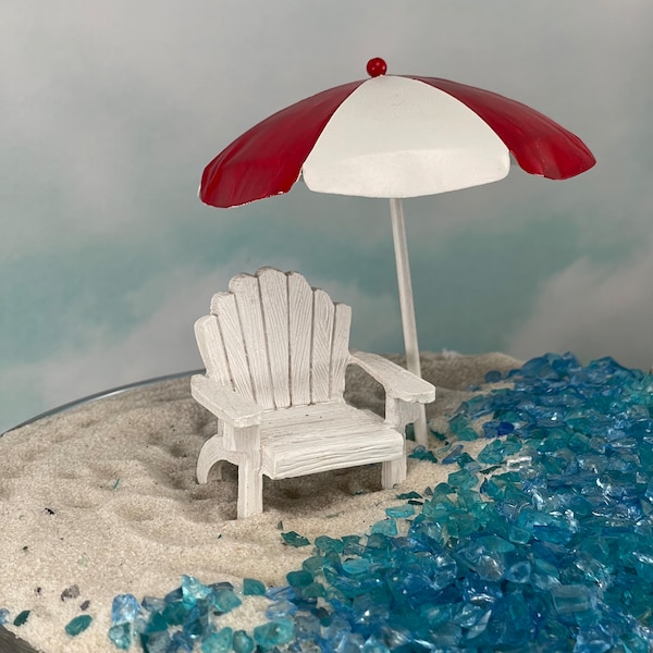 Fairy Garden Miniatures Adirondack Chair, Miniature Red White Beach Umbrella, Beach Garden, fairy garden accessories, Coastal mini