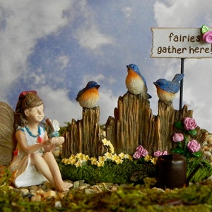Fairy Nicole figurine, miniature blue birds, fairies gather here miniature handcrafted sign miniature watering can, fairy garden accessories