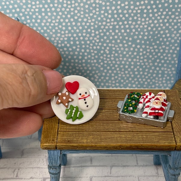 Miniature Santa Cookies, Plate Snowman, Xmas Minis, Dollhouse kitchen, Fairy Garden Accessories, Candy Cane Santa Tree, Baking Tray