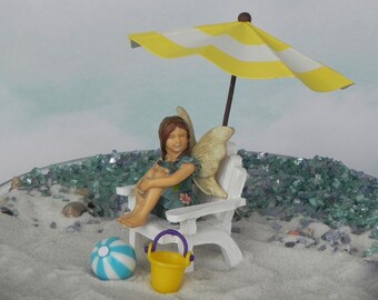 Fairy Garden Beach Set, miniature adirondack chair, beach umbrella, miniature beach ball, miniature beach bucket, fairy figurine, terrarium