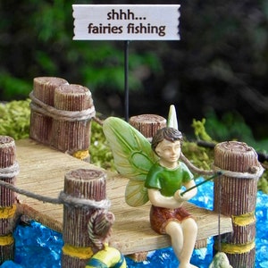 Fairy Garden Dock, Lakeside boat dock, miniature fishing boy fairy with fishing pole and fish, fairy garden miniature sign, starter kit image 5