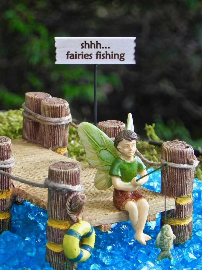 Fairy Garden Dock, Lakeside boat dock, miniature fishing boy fairy with fishing pole and fish, fairy garden miniature sign, starter kit image 5