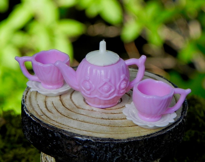 Miniature Tea Set, 2 Tea Cups and 1 Tea Pot, Accessory for Mini Fairy Garden, Pink Tea Set, Cute