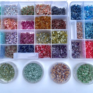 May include: A clear plastic storage box filled with small, colorful, glittery, butterfly-shaped pieces. The box has 24 compartments and is divided into two sections. There are four small jars filled with the same glittery pieces on a white surface.