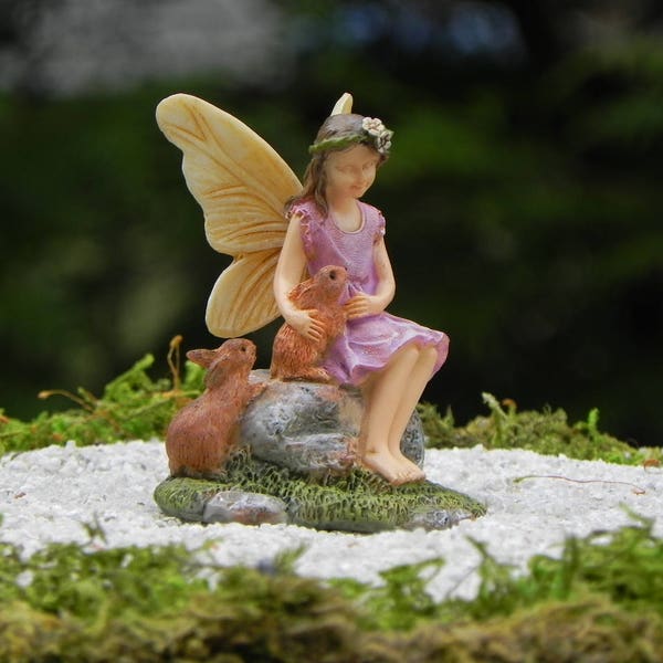 Fairy, miniature garden accessory, fairy garden accessories sitting fairy, miniature bunny rabbits, Easter fairy garden supply