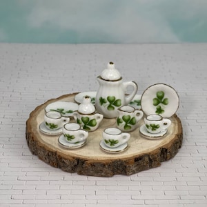 Miniature Shamrock Tea Set, mini tea cups, St. Patrick&#39;s miniatures, fairy garden accessories, dollhouse miniatures, Wood Slice NOT INCLUDED