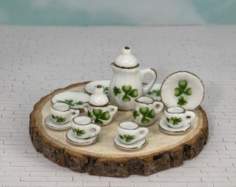 Miniature Shamrock Tea Set, mini tea cups, St. Patrick's miniatures, fairy garden accessories, dollhouse miniatures, Wood Slice NOT INCLUDED