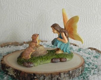 Fairy Small Talk, fairy with animals gopher friends, miniature for fairy garden, miniature garden accessory