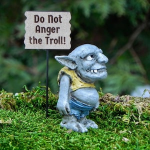 Miniature Troll Figurine Gribby, Do Not Anger The Troll! sign, fairy garden accessories, Halloween miniatures