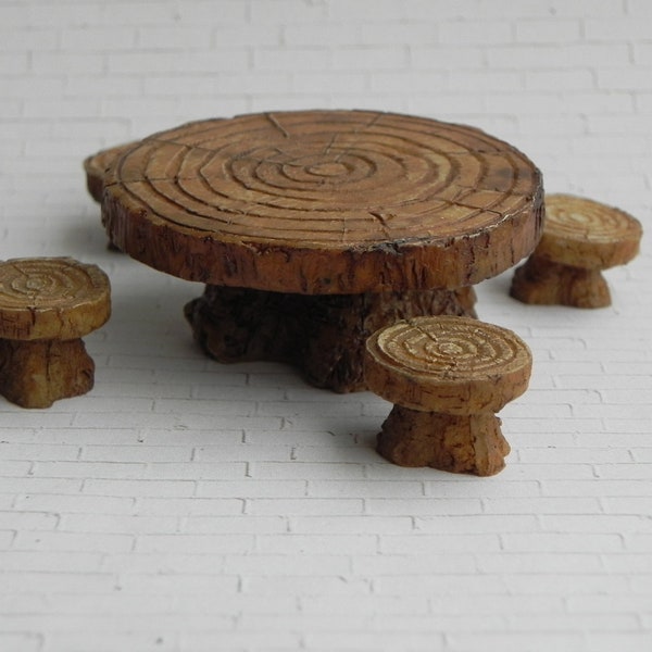 Fairy Garden Table Stools Set, Miniature Woodland Table and Stools, 5 piece set, resin fairy garden accessories, gnome garden table chairs