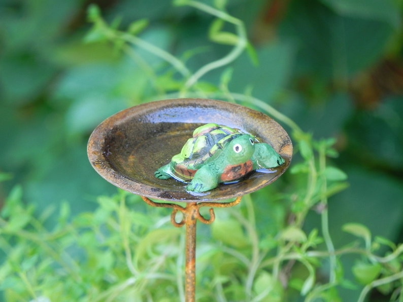 Fairy Garden Birdbath Miniature Rusty Bird Bath With Turtle Etsy