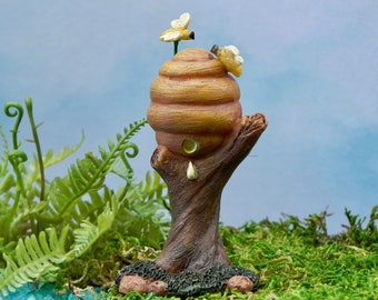 Fairy Garden Beehive with Bees, Bee Hive on stand, fairy garden miniatures, fairy garden accessories, miniature bees