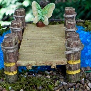 Fairy Garden Dock, Lakeside boat dock, miniature fishing boy fairy with fishing pole and fish, fairy garden miniature sign, starter kit image 2