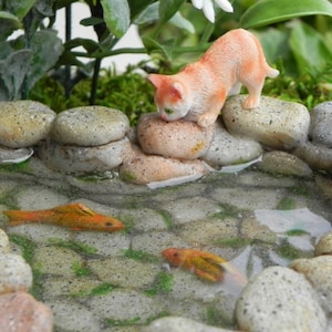 Fairy Garden Koi Pond miniature with artificial water, cat kitty, fairy garden accessories miniature fish, stone look, mini garden supply image 1