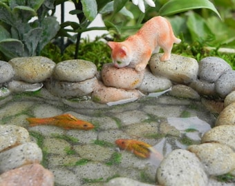 Fairy Garden Koi Pond miniature with artificial water, cat kitty, fairy garden accessories miniature fish, stone look, mini garden supply