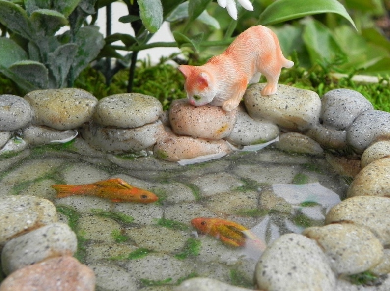 Fairy Garden Koi Pond miniature with artificial water, cat kitty, fairy garden accessories miniature fish, stone look, mini garden supply image 1