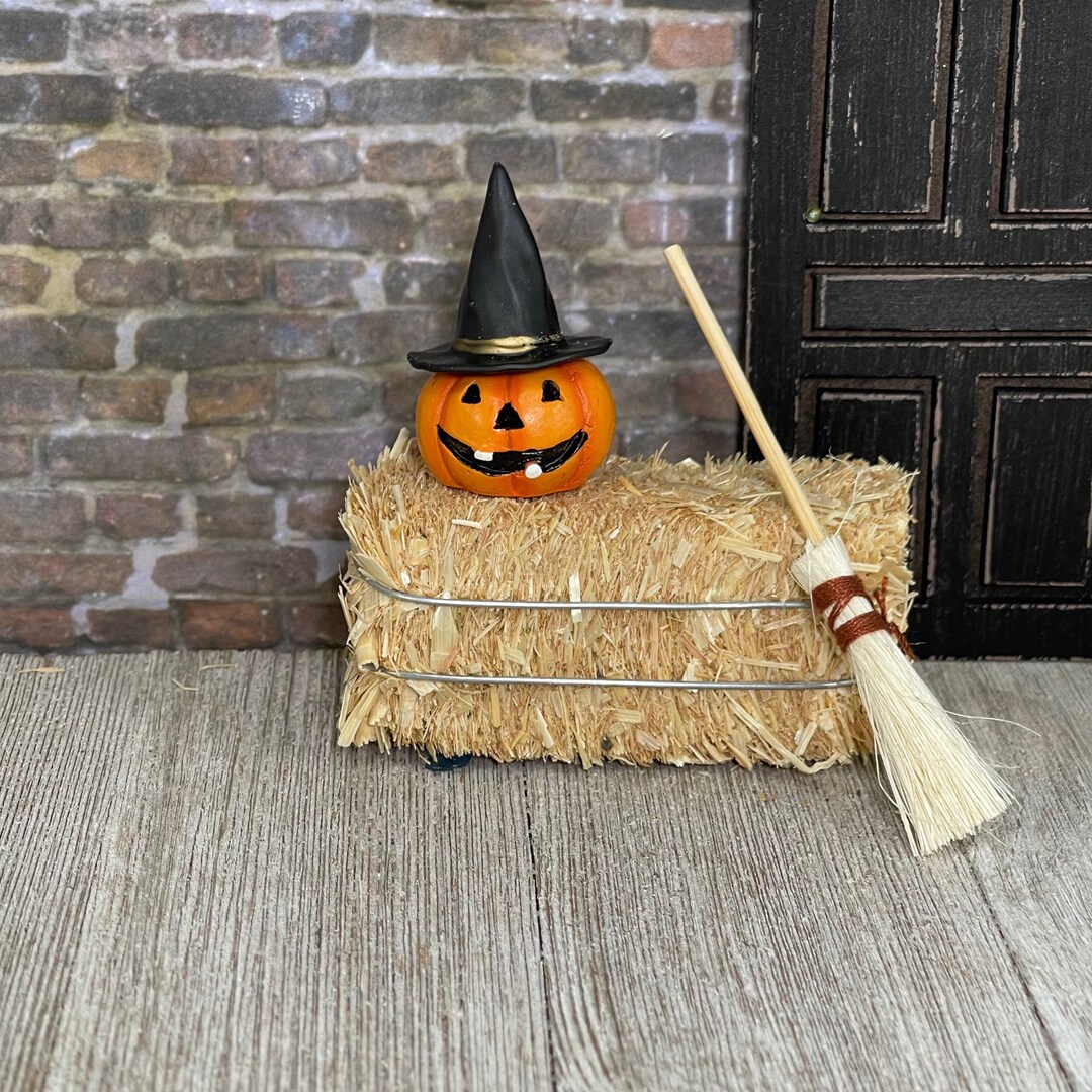 Miniature Jack O Lantern Witch Hat, Fall Miniatures, Halloween Broom ...