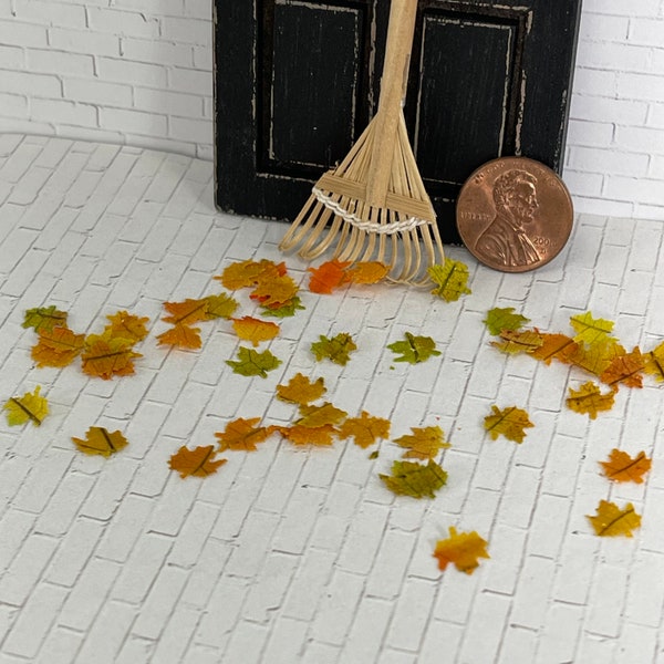 Miniature Garden Rake with fall Autumn leaves, Halloween miniatures, fairy garden accessories, Dollhouse Porch Minis, tools leaf