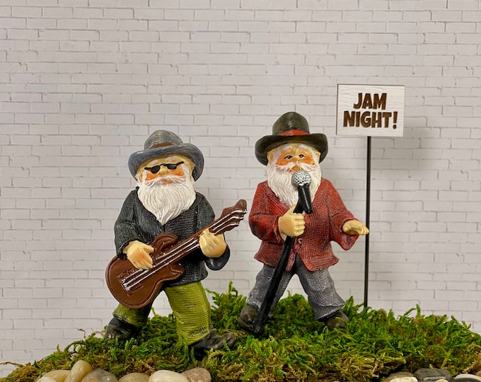 Miniature Gnome Musician Jam Night Sign, Singing Guitar Player Figurine, Mini Garden Accessory, Music Lover Gift, Country Rock N Roll Bar