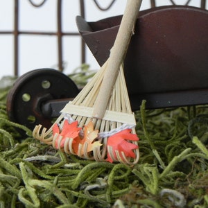 Miniature Garden Rake with fall leaves, Halloween miniatures, fairy garden accessories, Autumn leaves