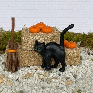 May include: A black cat figurine with green eyes and a raised tail stands near a miniature broom and hay bales topped with orange pumpkins. The scene is set on a bed of small white stones and moss, evoking a Halloween theme.