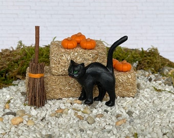 Halloween Miniatures, black cat, miniature witch's broom, miniature hay bale, micro mini pumpkin