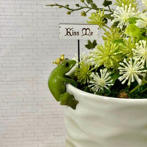 May include: A whimsical white ceramic planter with a green frog figurine wearing a gold crown. The frog is perched on the edge of the planter, which holds white and green flowers. A small sign reads "Kiss Me".
