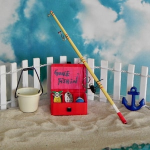 Miniature Fishing Pole, Tackle Box, Beach Pail Bucket, Beach Themed, Fairy  Garden Accessories 