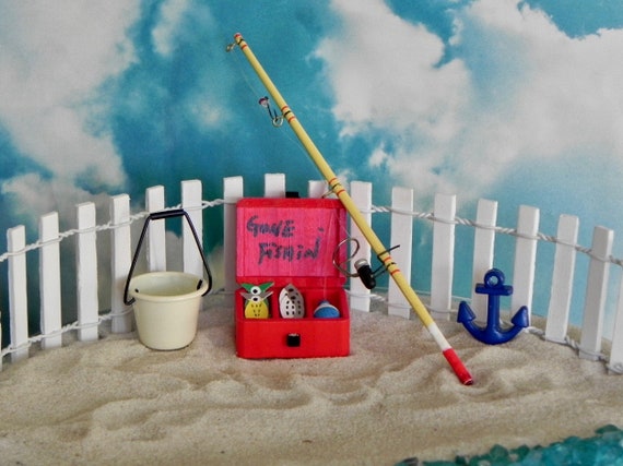 Miniature Fishing Pole, Tackle Box, Beach Pail Bucket, Beach Themed, Fairy  Garden Accessories 