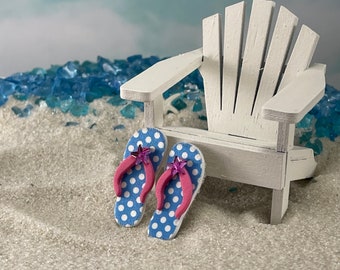 Miniature Flip Flops Blue Yellow, Miniature Handcrafted Adirondack Chair, Beach Garden Miniatures, Cake Topper, Fairy Garden Accessories