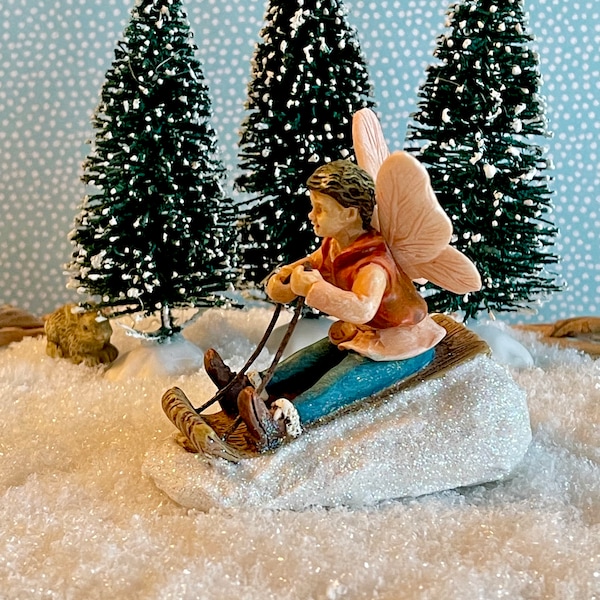Miniature Toboggan Fairy Boy, Christmas miniature fairy garden accessory, sledding fairy, fairy on sled, Christmas miniatures