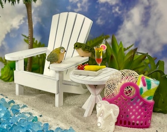 Beach Miniatures, Adirondack Chair, Fairy Garden Accessories, Mini Palm Tree Beach Bag Flip Flops Sun Hat Parrot Bird, Wedding Cake Topper,