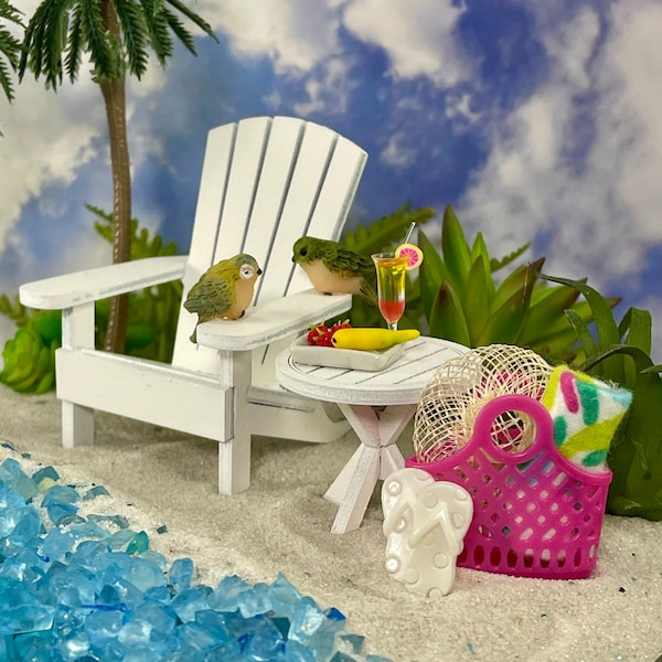 Beach Miniatures, Adirondack Chair, Fairy Garden Accessories, Mini Palm Tree Beach Bag Flip Flops Sun Hat Parrot Bird, Wedding Cake Topper,