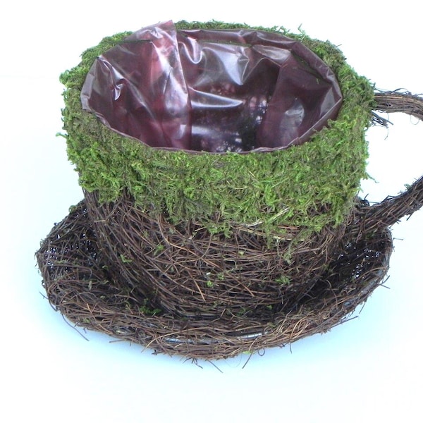 Fairy Garden Tea Cup Planter, preserved moss, angel vine, twig container, fairy garden accessories
