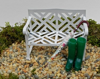 Fairy Garden Accessories, White Metal Bench, Miniature Umbrella, Miniature Garden Wellington Boots green, garden miniatures, mini accessory