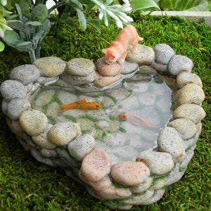 Fairy Garden Koi Pond miniature with artificial water, cat kitty, fairy garden accessories miniature fish, stone look, mini garden supply image 5