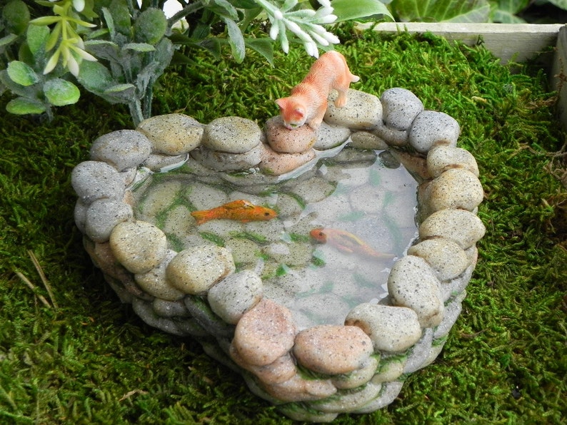Fairy Garden Koi Pond miniature with artificial water, cat kitty, fairy garden accessories miniature fish, stone look, mini garden supply image 5