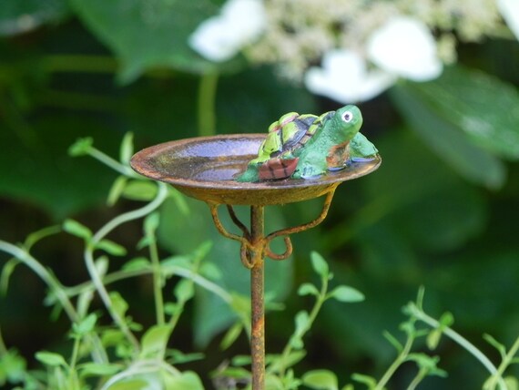 Fairy Garden Birdbath miniature rusty bird bath with turtle and artificial water for terrarium