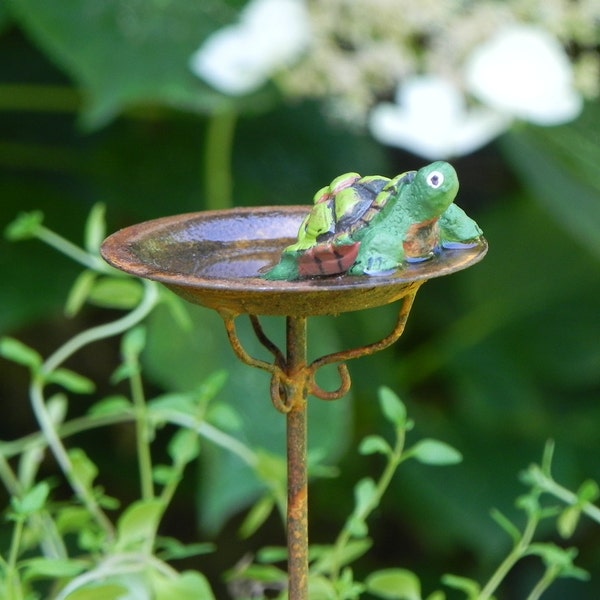 Fairy Garden Birdbath miniature rustic bird bath with turtle and artificial water, terrarium supply, fairy garden accessories
