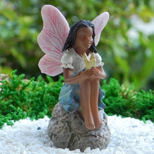 Fairy African American, Helping Hands Fairy, fairy holding a yellow bird, fairy garden accessory