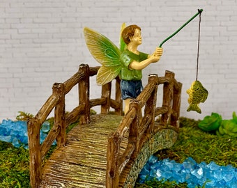 Fairy Garden Bridge Boy Fishing, Miniature Accessories Accessory Fish, Terrarium Supply Supplies, Fisherman Figurine Figure, Mini Gift Girl