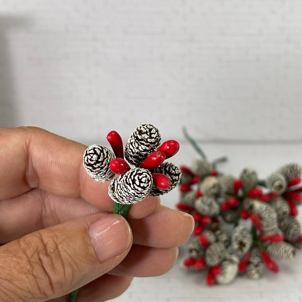 10 Miniature Frosted Pinecone Berry Picks Wired, Christmas Craft Supplies Artificial Berries Real Adler Pinecones, Wire Wreath Embellishment