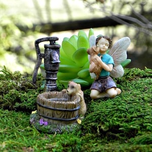 Fairy Garden Accessories Boy Fairy Figurine with Puppy Dog - miniature well artificial water - fairy accessories miniature dog