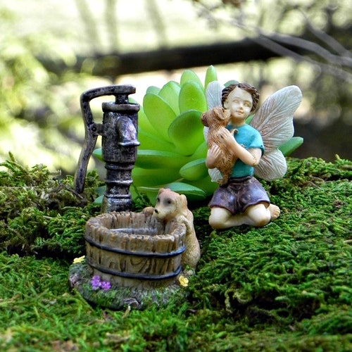 Fairy Garden Accessories Boy Fairy Figurine with Puppy Dog - miniature well artificial water - fairy accessories miniature dog