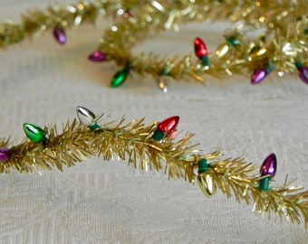 Miniature Christmas Garland, gold tinsel wired roping with Metallic Bulbs for dollhouse, fairy garden, or craft project, non electric